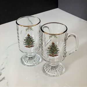 SET of 2 Footed Glass Irish Coffee Mugs - Christmas Tree by Spode